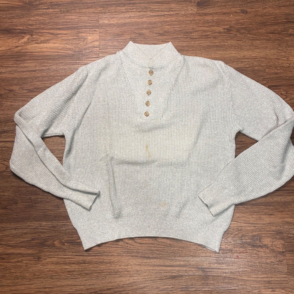 Vintage L.L.Bean Sweater Mens Medium Gray Henley Mock Neck Made USA 80s 90s